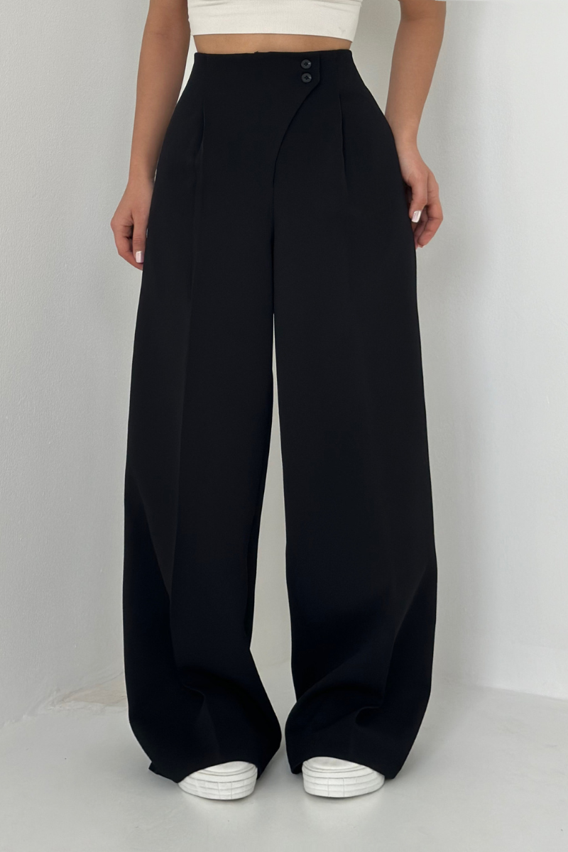 Schwarze wide leg high waist damenhose mit doppeltem Knopfverschluss