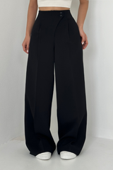 Schwarze wide leg high waist damenhose mit doppeltem Knopfverschluss