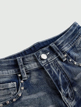 Rivéla Denim-Shorts – Detailaufnahme der Studs an Bund und Vordertaschen