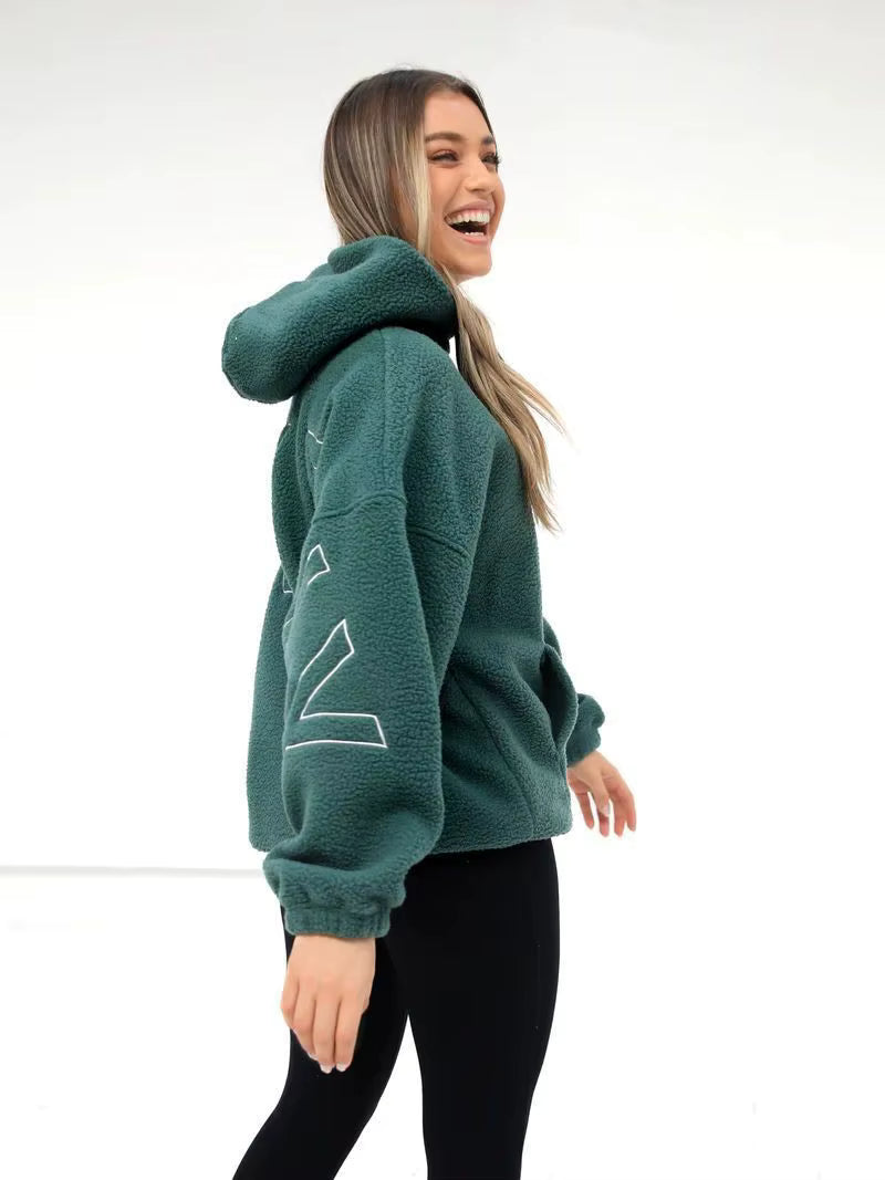 Oversize Teddy Hoodie Damen Grün mit Rückenprint