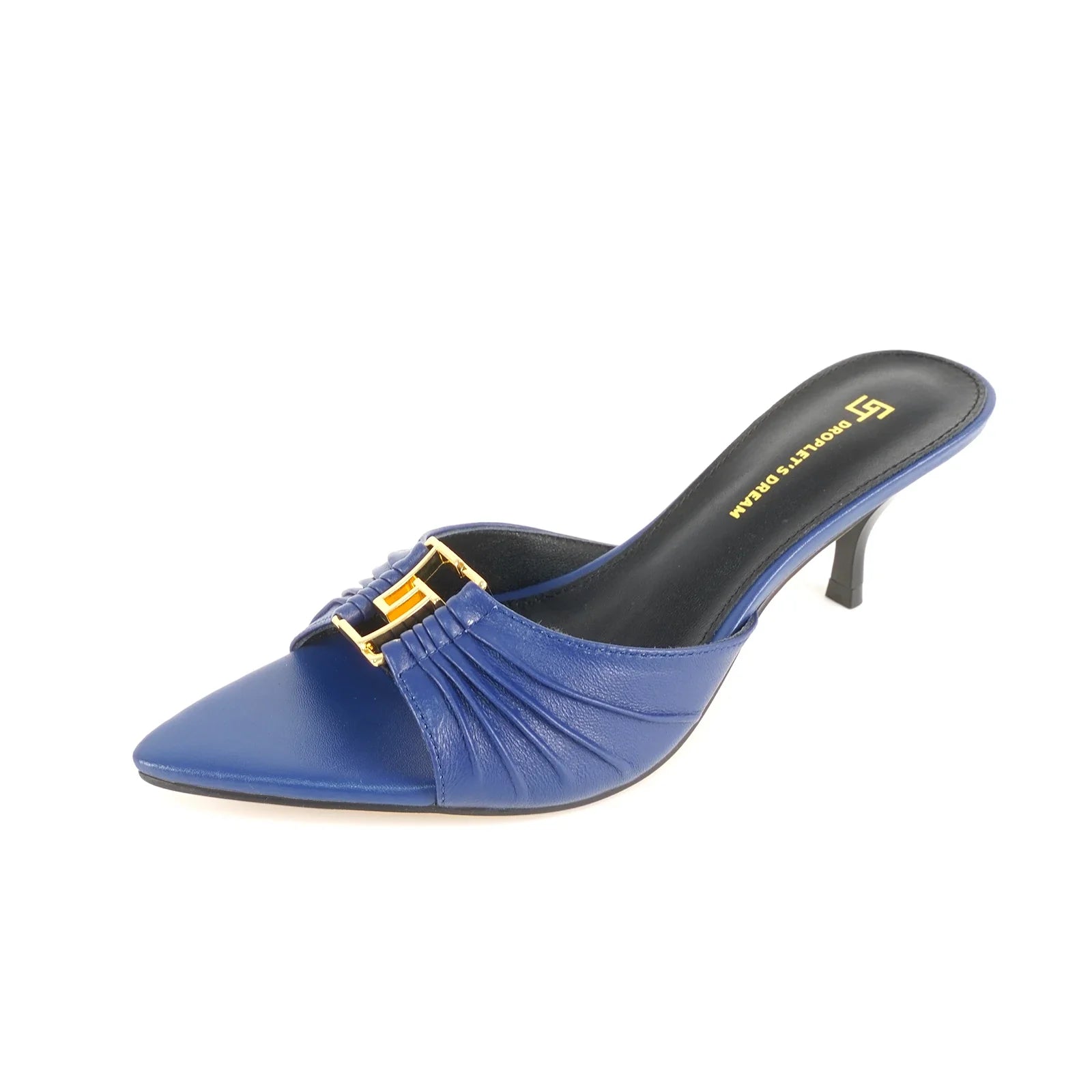 Mutera Heeled Mules Damen Dunkelblau aus Echtleder mit goldener Schnalle – Talaine