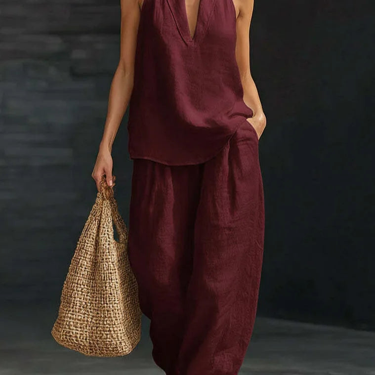 Leinen-Set Damen Bordeauxrot Neckholder-Top und weite Hose – Marisol von Talaine, Farbansicht Bordeauxrot