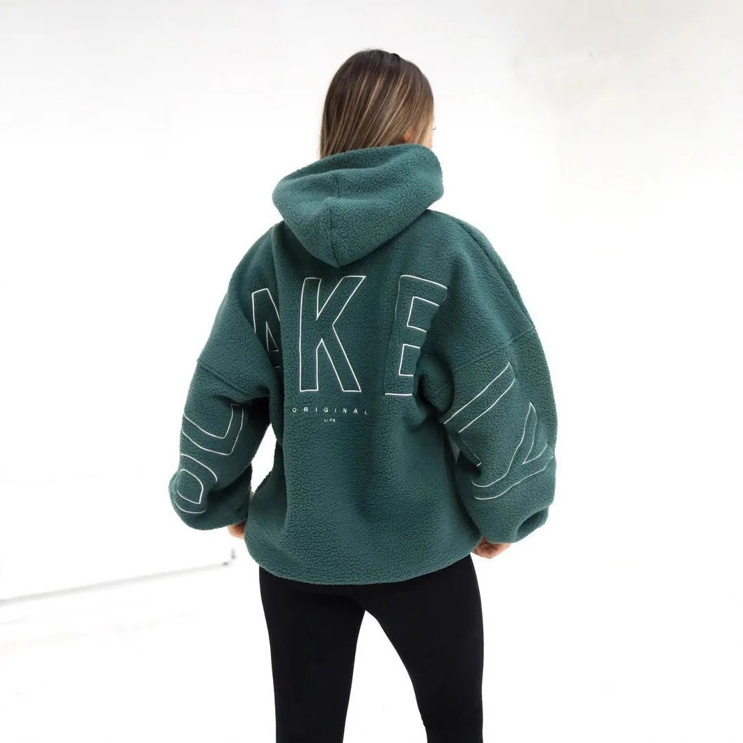 Oversize Teddy Hoodie Damen Grün mit Rückenprint
