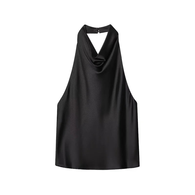 Satin Neckholder-Top Damen Schwarz mit offenem Rücken – Lacey von Talaine, Farbansicht Schwarz