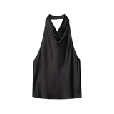 Satin Neckholder-Top Damen Schwarz mit offenem Rücken – Lacey von Talaine, Farbansicht Schwarz