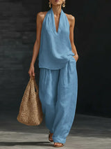 Leinen-Set Damen Blau Neckholder-Top und weite Hose – Marisol von Talaine, Farbansicht Blau
