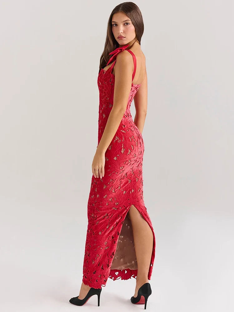 Midnight Rose Maxikleid in Rot mit Spitze und Schleifen