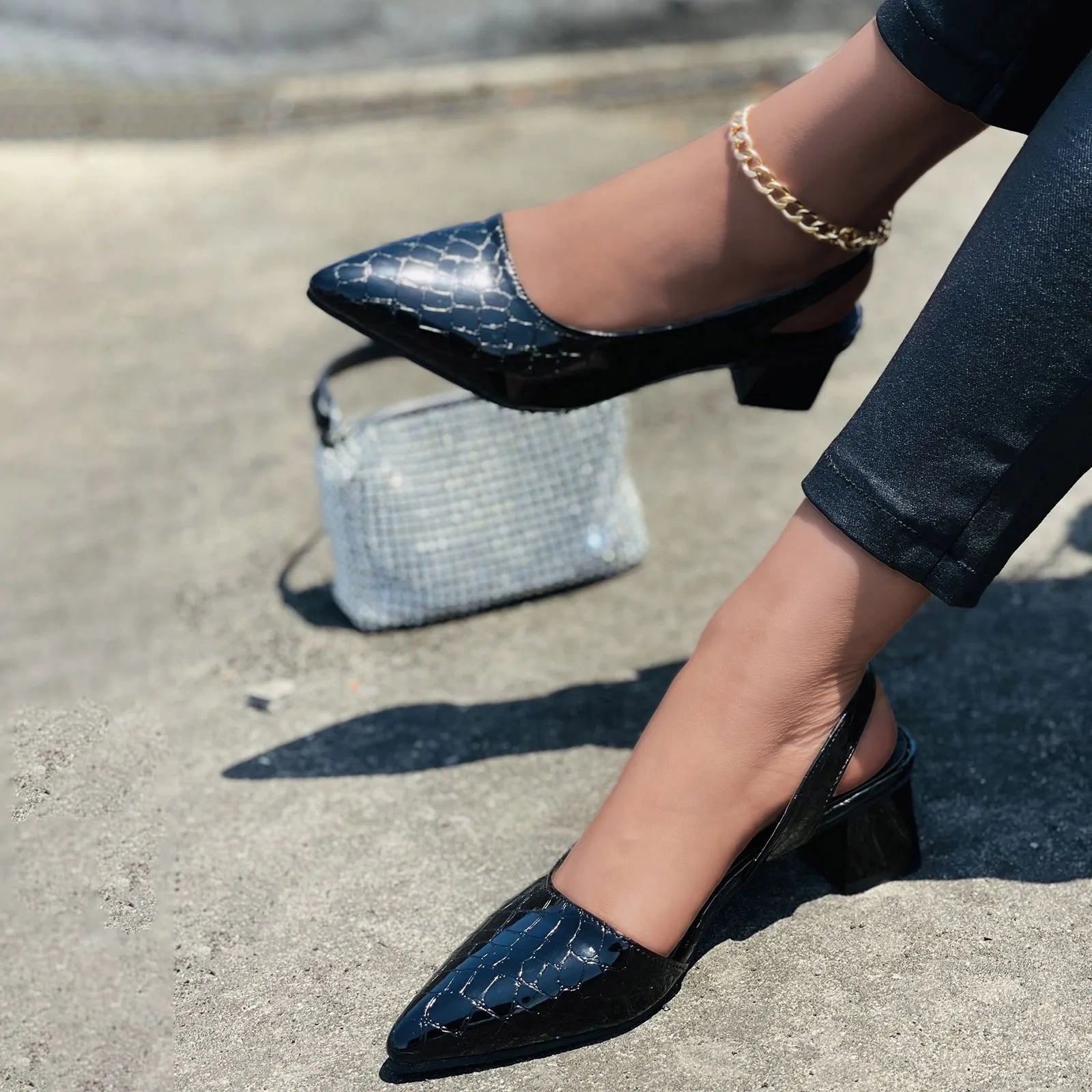 Metallic Slingback-Pumps Damen mit Blockabsatz und spitzer Kappe