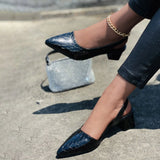 Metallic Slingback-Pumps Damen mit Blockabsatz und spitzer Kappe