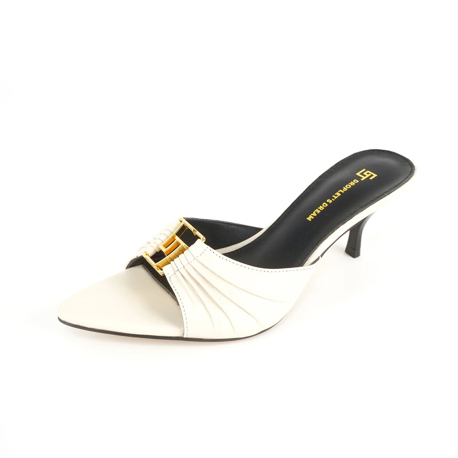 Mutera Heeled Mules Damen Beige aus Echtleder mit goldener Schnalle – Talaine