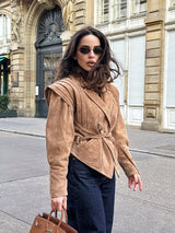 Veloria Vegan Suede Jacke | Damen Herbstjacke mit Taillengürtel & Schulterdetails