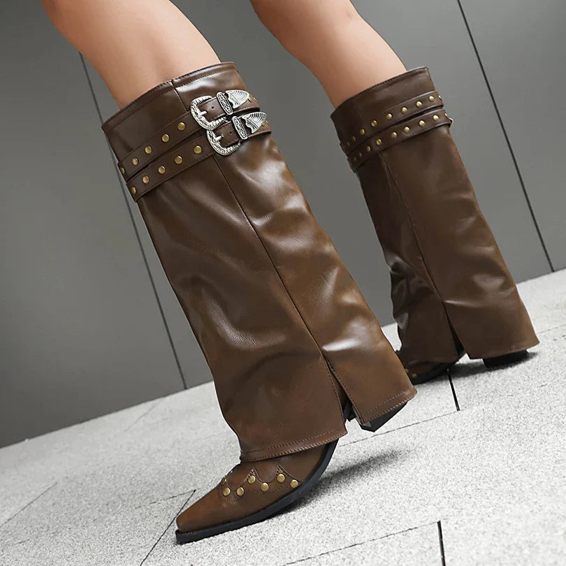 Sierra | Western-Kniestiefel mit Doppel-Schnalle & Nieten – spitze Kappe