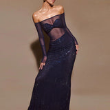 Seraphyne Crystal Mesh Gown | Off-Shoulder Maxikleid mit funkelnden Rhinestones