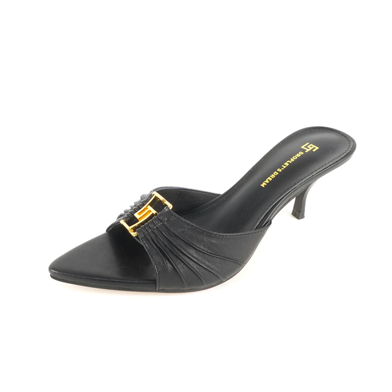 Mutera Heeled Mules Damen Schwarz aus Echtleder mit goldener Schnalle – Talaine