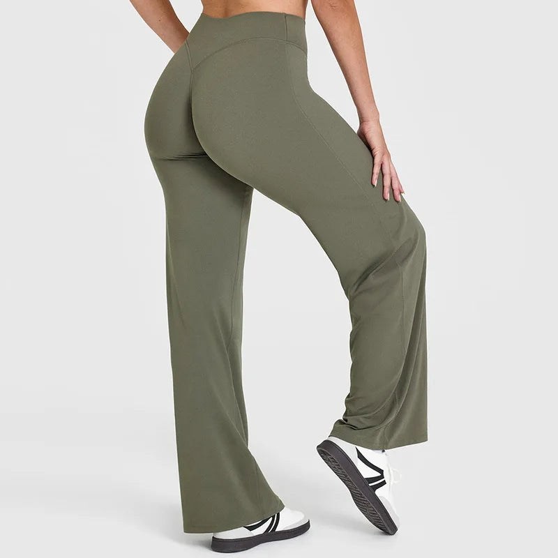 Yoga-Hose Damen Olivgrün High Waist Flared mit weitem Bein – Livia von Talaine, Farbansicht Olivgrün
