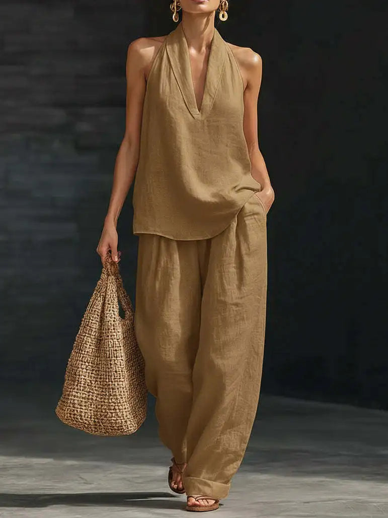 Leinen-Set Damen Gelb Neckholder-Top und weite Hose – Marisol von Talaine, Farbansicht Gelb