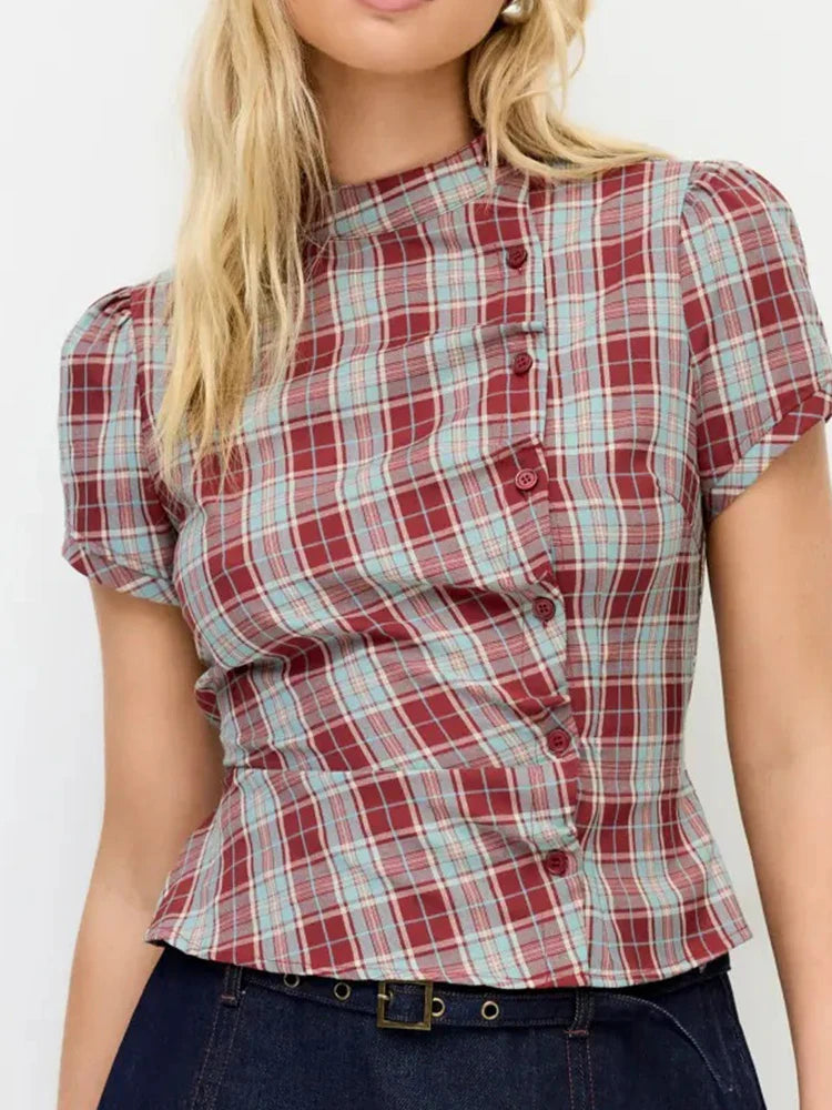 Valira Karierte Bluse Damen – Detail-Flatlay mit Stehkragen und Puffärmeln