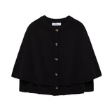 schwarze strickweste mit cape-look und knöpfen, vorderansicht