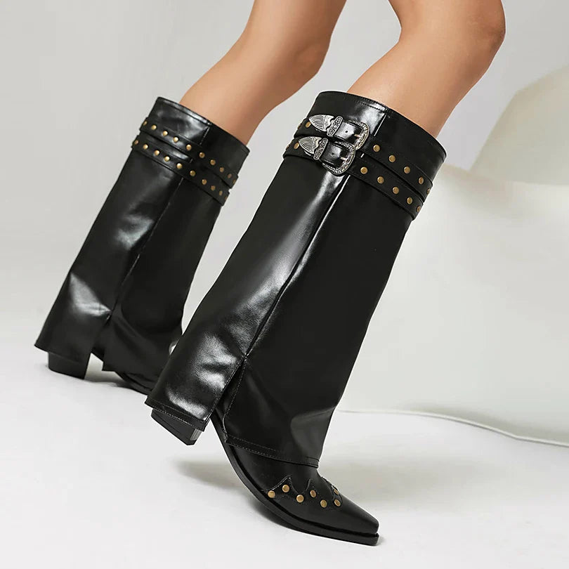 Sierra | Western-Kniestiefel mit Doppel-Schnalle & Nieten – spitze Kappe