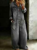 Denim-Jumpsuit Damen Grau weit mit Revers und langen Ärmeln – Romina von Talaine, Farbansicht Grau