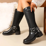 schwarze hohe biker boots mit schnallen und blockabsatz für damen