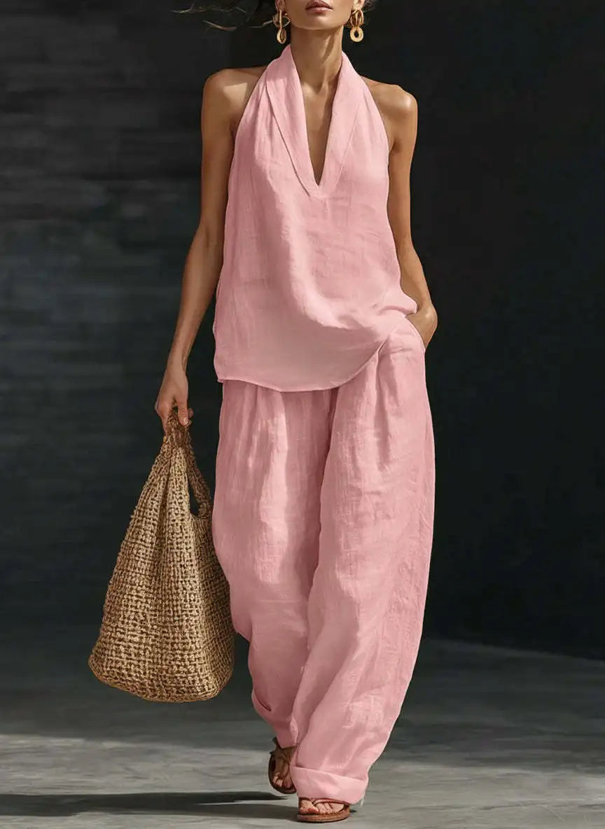 Leinen-Set Damen Rosa Neckholder-Top und weite Hose – Marisol von Talaine, Farbansicht Rosa