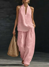 Leinen-Set Damen Rosa Neckholder-Top und weite Hose – Marisol von Talaine, Farbansicht Rosa