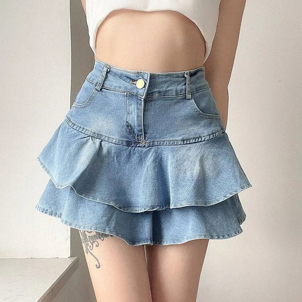 Jeansrock Damen mit Stufen-Volant und hoher Taille – Liberta von Talaine, Detailaufnahme