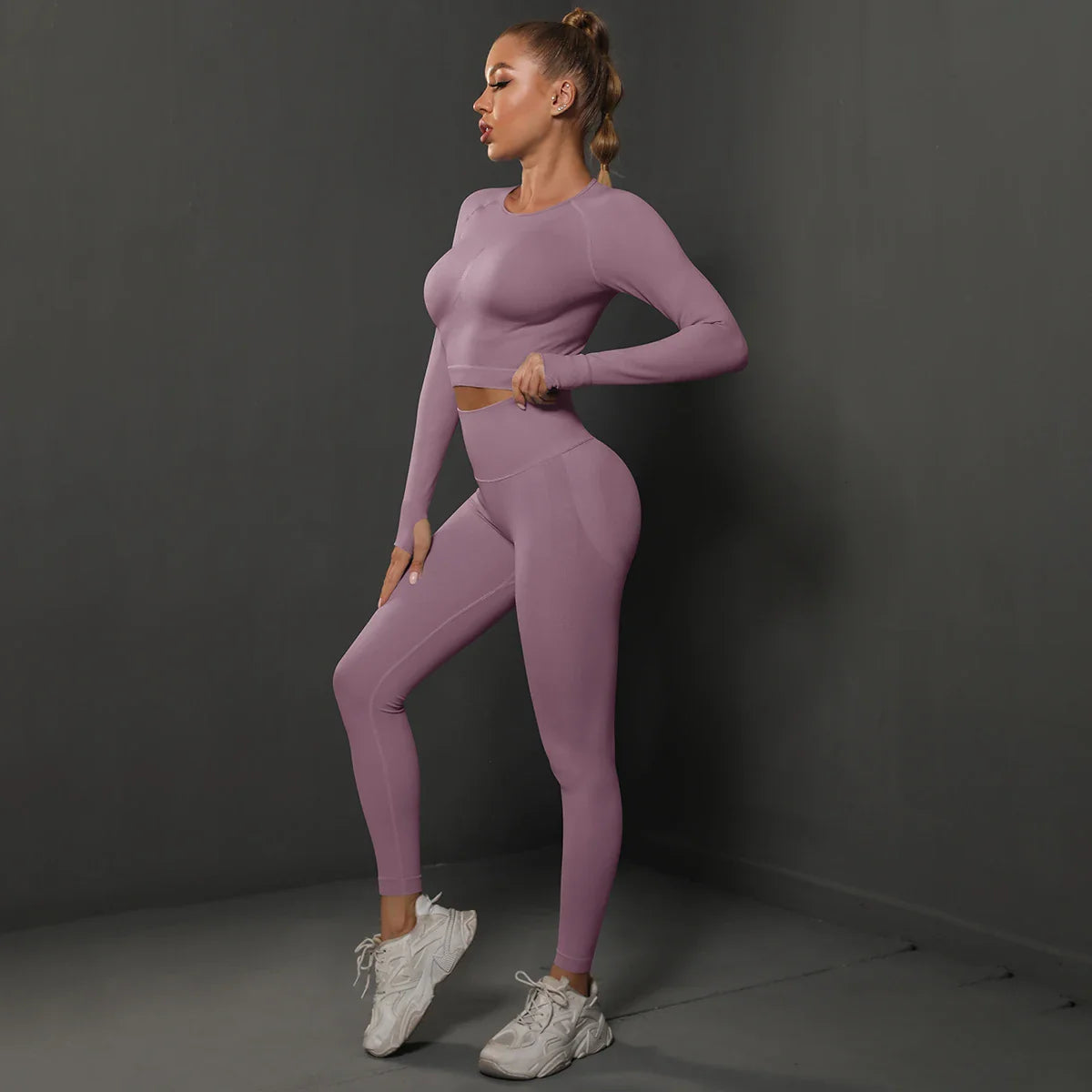Nahtloses Fitness Set Damen in Fuchsia, figurbetont S–L
