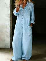 Denim-Jumpsuit Damen Hellblau weit mit Revers und langen Ärmeln – Romina von Talaine, Farbansicht Hellblau