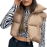 Marlowe Cropped Steppweste Damen in Hellbraun mit Stehkragen