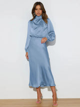 Kleid Damen Hellblau Satin-Abendkleid Maxi mit langen Ärmeln – Elowen von Talaine, festlicher Look