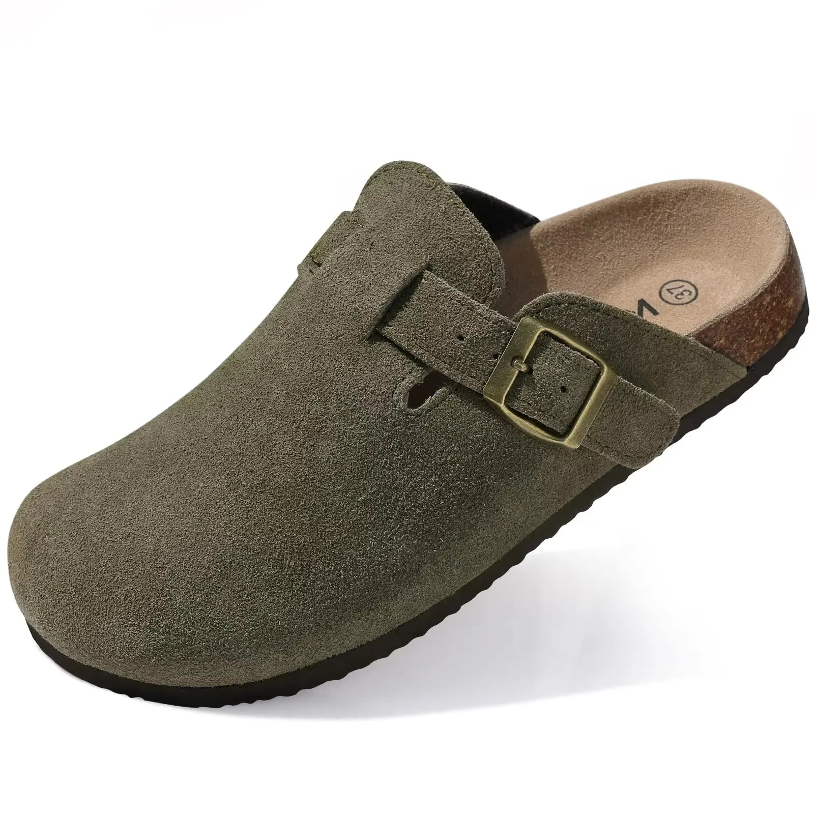 Comfort Clogs Damen Olivgrün aus Wildleder mit Kork-Fußbett – Mavira von Talaine, Seitenansicht