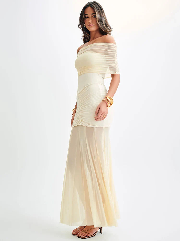 Mystique | Maxi Kleid mit Off-Shoulder Mesh & Eleganter Passform