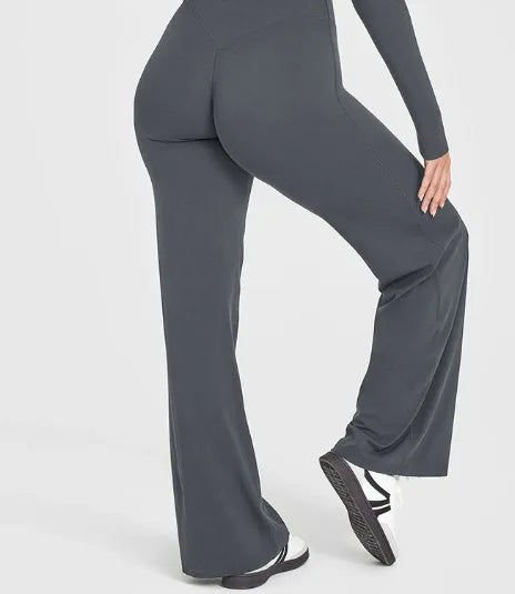 Yoga-Hose Damen Anthrazitgrau High Waist Flared mit weitem Bein – Livia von Talaine, Farbansicht Anthrazitgrau