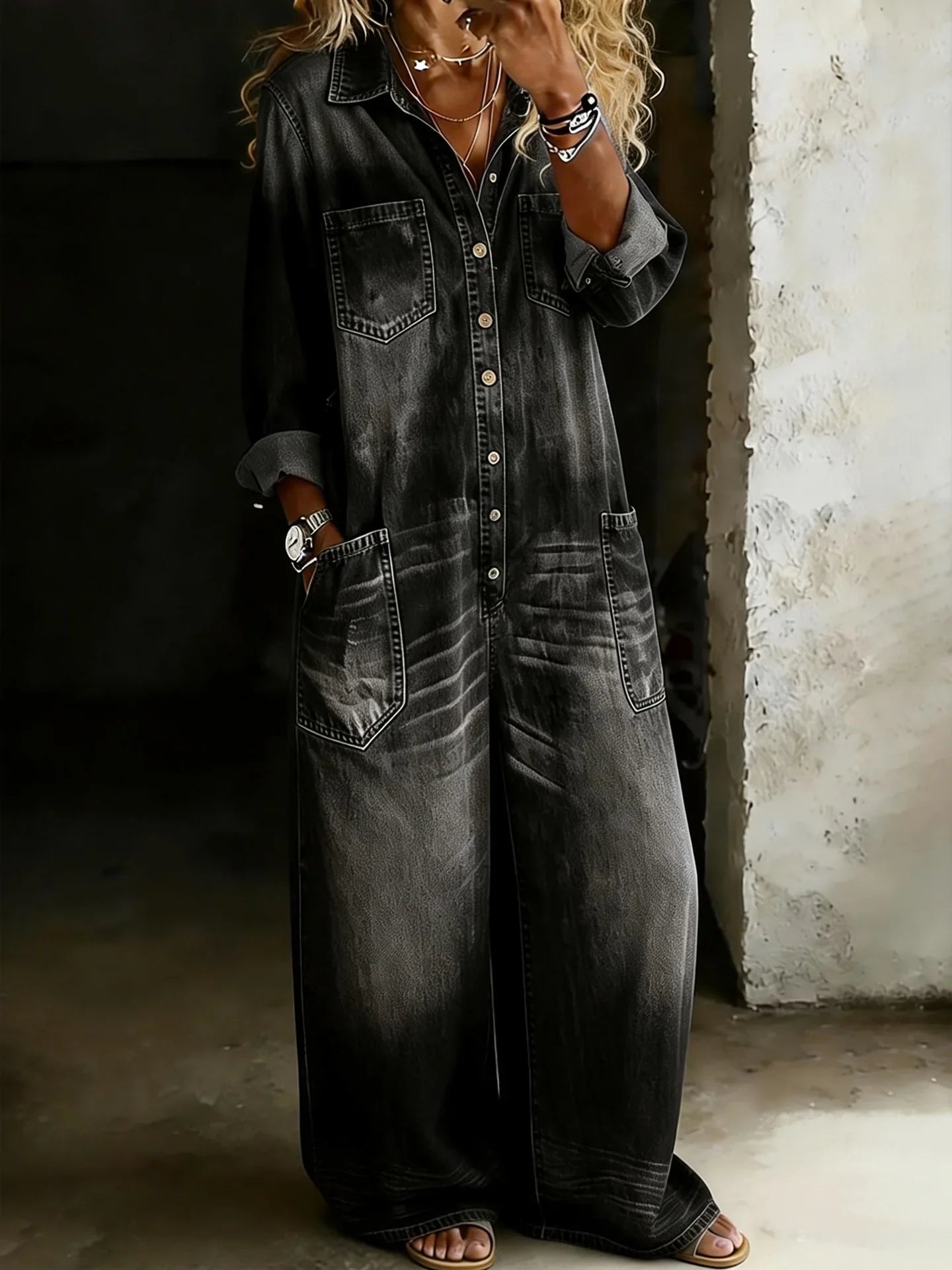 Denim-Jumpsuit Damen Schwarz weit mit Revers und langen Ärmeln – Romina von Talaine, Farbansicht Schwarz