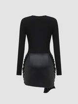 Schwarz Damenkleid mit langen Ärmeln und Lederoptik