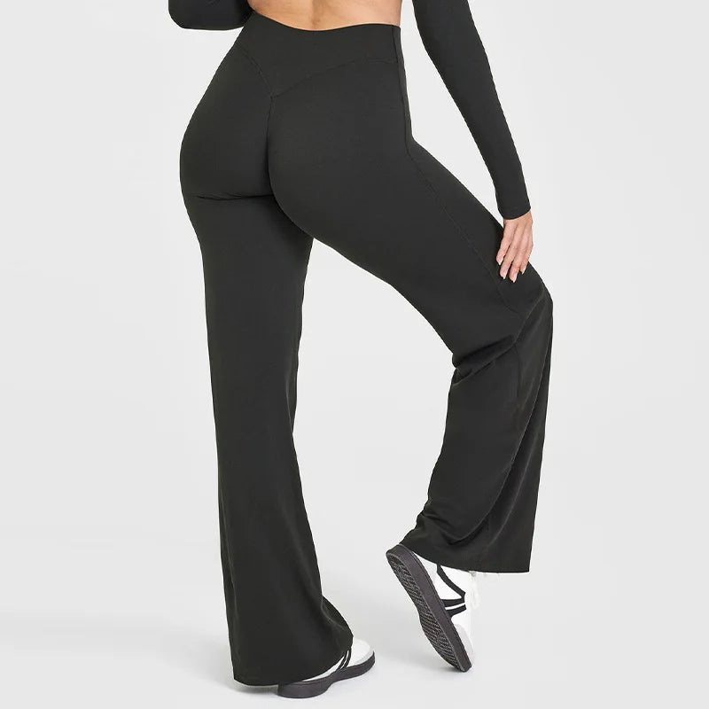 Yoga-Hose Damen Mitternachtsschwarz High Waist Flared mit weitem Bein – Livia von Talaine, Farbansicht Mitternachtsschwarz