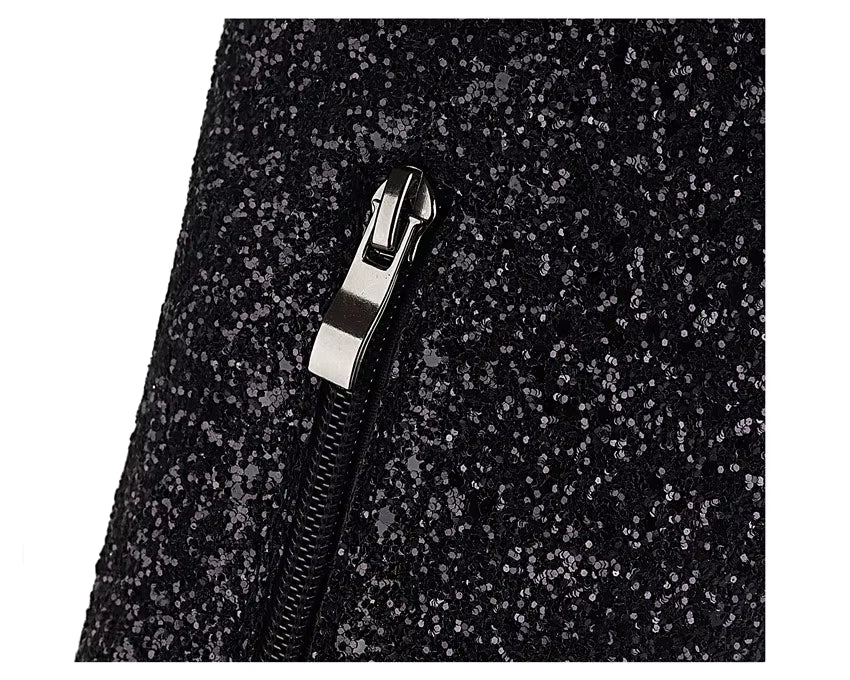 Lunéa Glitz Boots | Kniehohe Glitzerstiefel mit Spitze & Stilettoabsatz