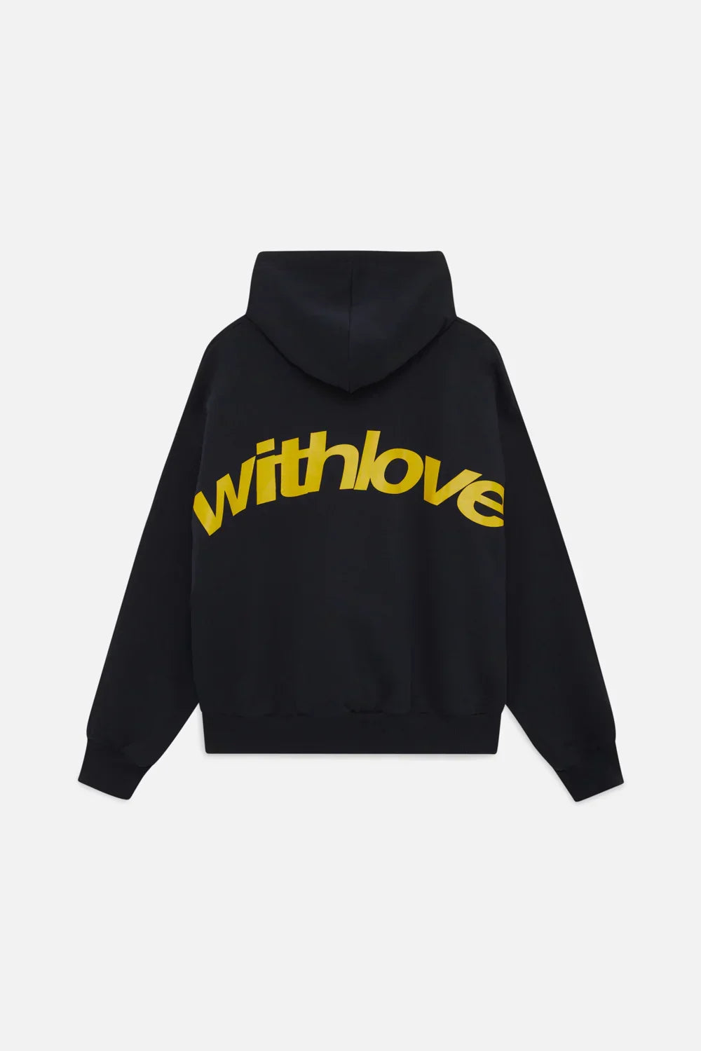 Schwarzer Hoodie mit gelbem withlove-Backprint Rückansicht