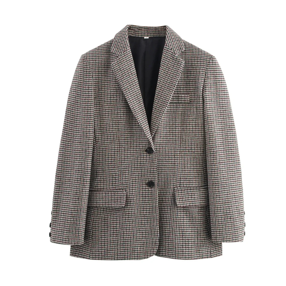 nahaufnahme karierter damen blazer mit schwarzen knöpfen