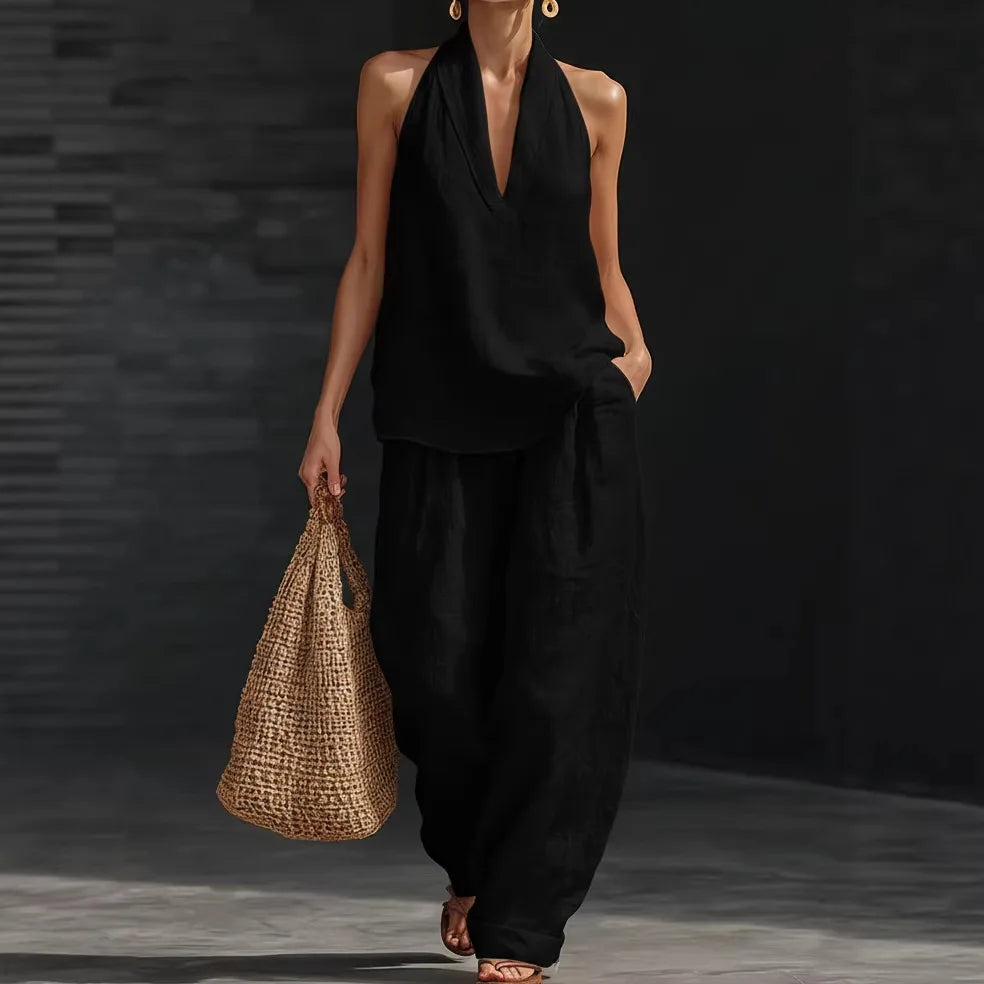 Leinen-Set Damen Schwarz Neckholder-Top und weite Hose – Marisol von Talaine, Farbansicht Schwarz