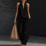 Leinen-Set Damen Schwarz Neckholder-Top und weite Hose – Marisol von Talaine, Farbansicht Schwarz
