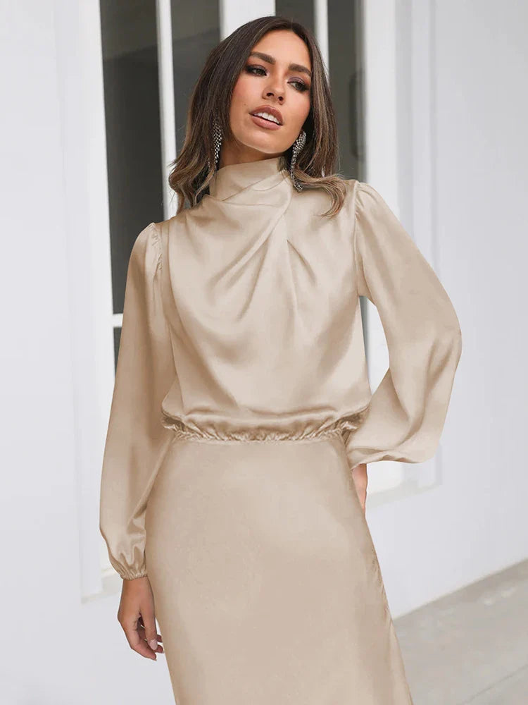 Kleid Damen Satin-Abendkleid Maxi festlich elegant – Elowen von Talaine, seitliche Silhouette