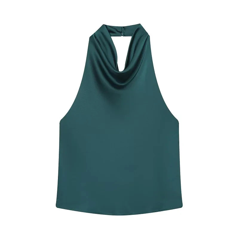 Satin Neckholder-Top Damen Grün mit offenem Rücken – Lacey von Talaine, Farbansicht Grün