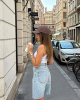 Novéra Denim Bermuda Shorts – letzte Studio-Detailaufnahme der Vintage Wash