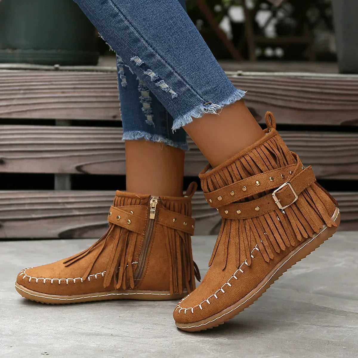 Wildaura Damen Boots braun mit Fransen & Nieten
