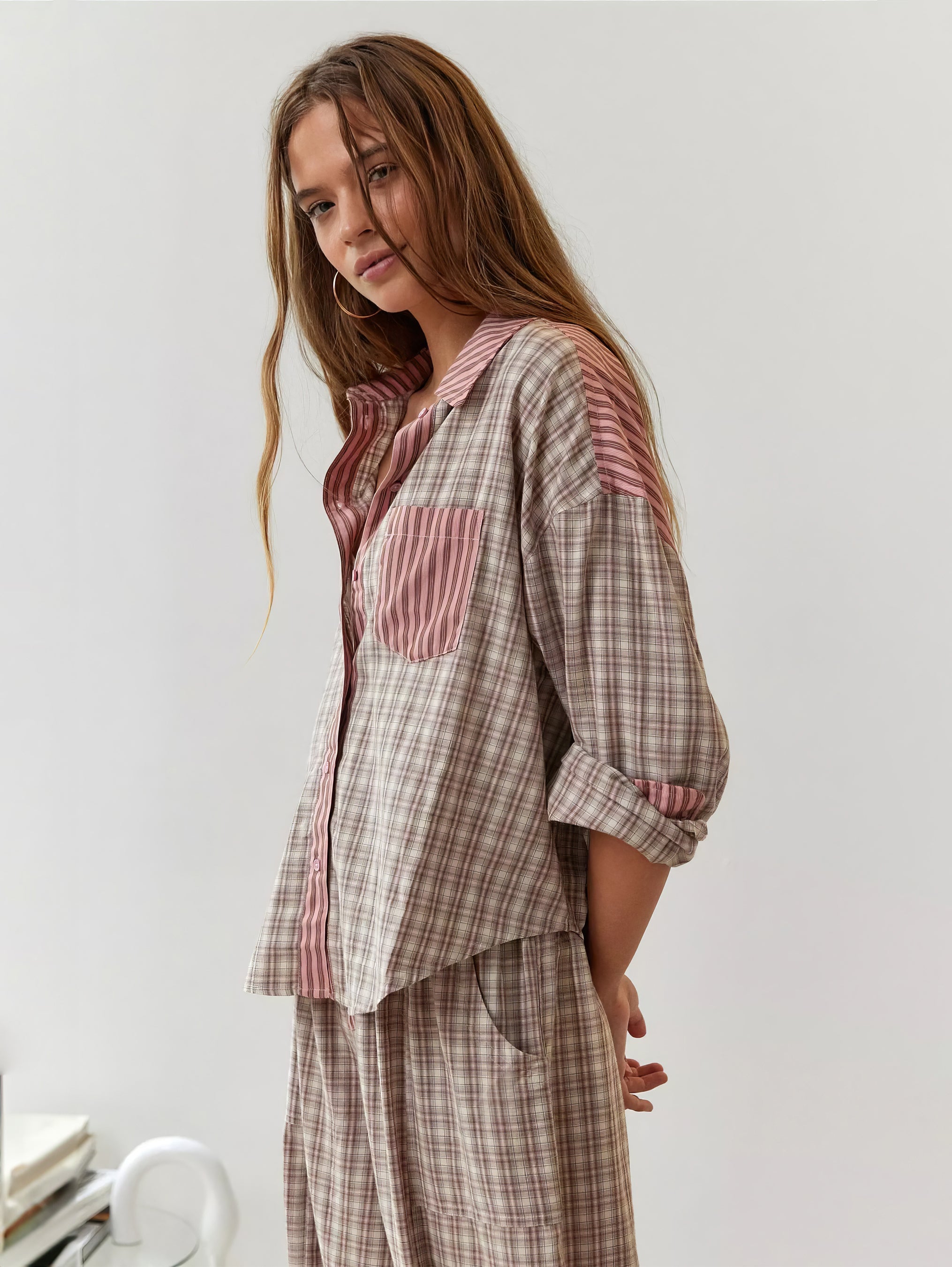 Damen Nachtwäsche mit Karomuster in Beige und Rosa