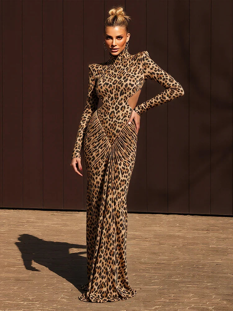 Leondra Leopard Maxikleid Damen – Cut-Out Taille, lange Ärmel, Bodycon Maxi-Abendkleid (Frontansicht)