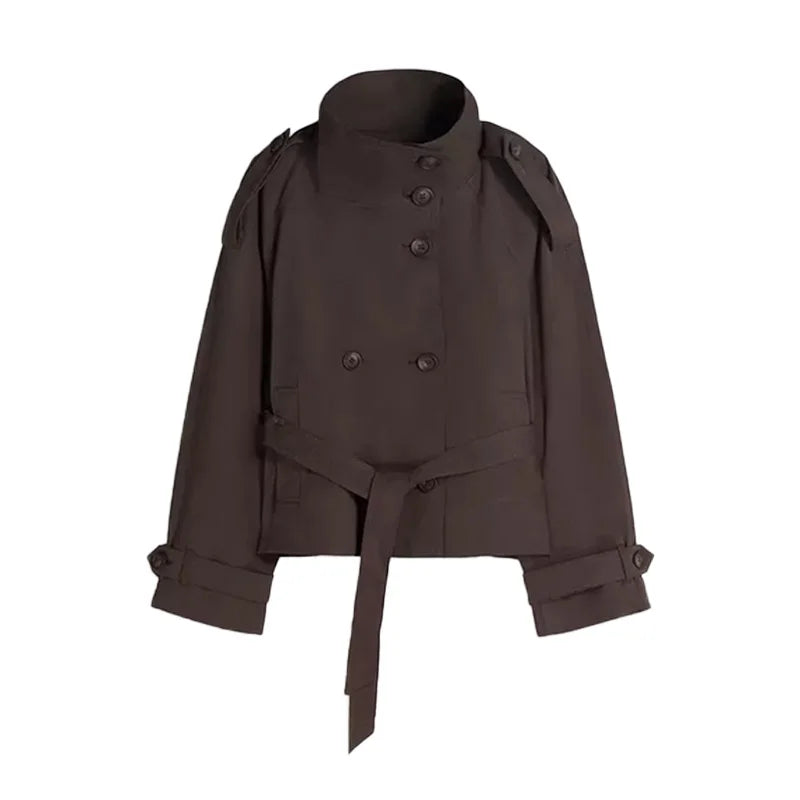 Brauner kurzer Trenchcoat Damen Rückansicht mit Bindegürtel